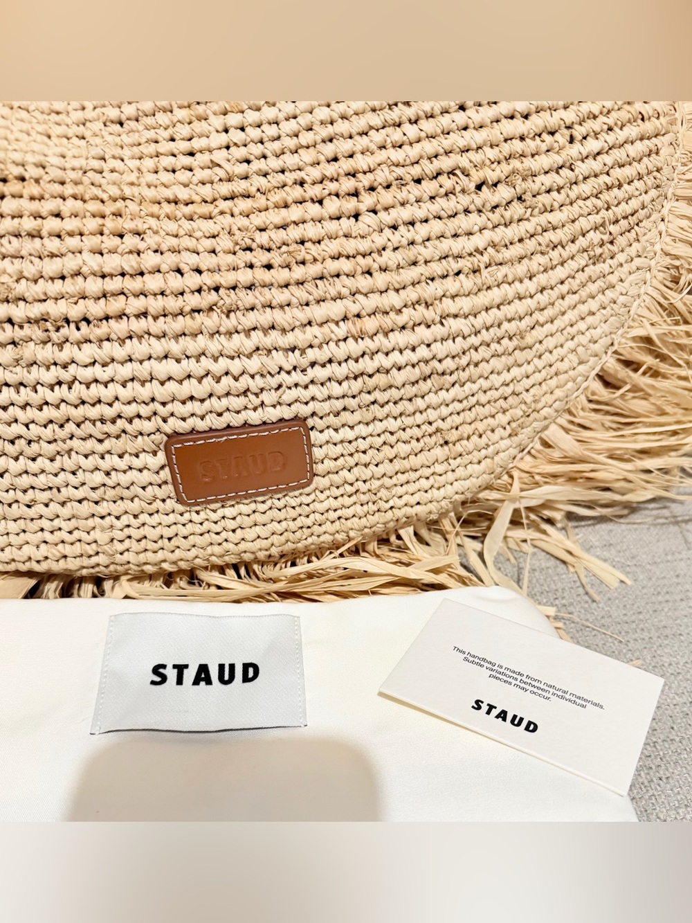 STAUD Natural Raffia Fringe Shoulder Bag with Brown Handle - Picture 7 of 7